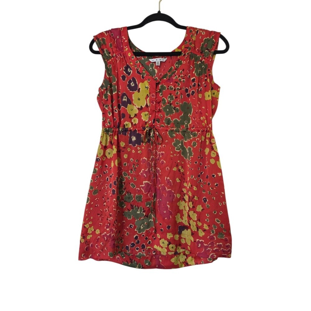 Cabi Blouse Women Small Red Floral V-Neck Drawstring Empire Waist Cap Sleeve